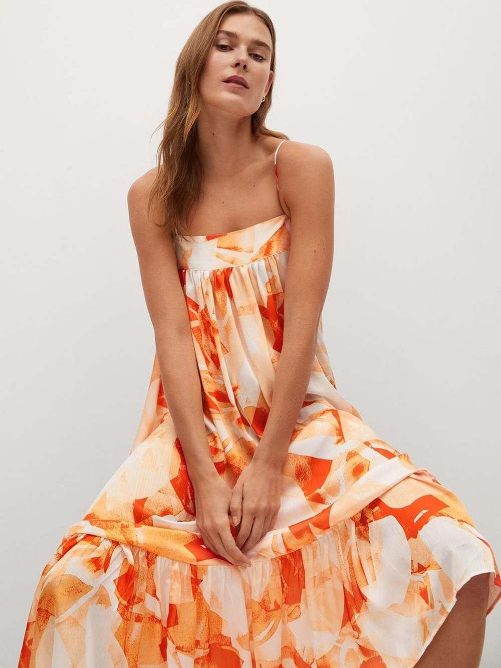 Mango MNG Abstract Floral Tiered Maxi Dress Orange Cream Size S